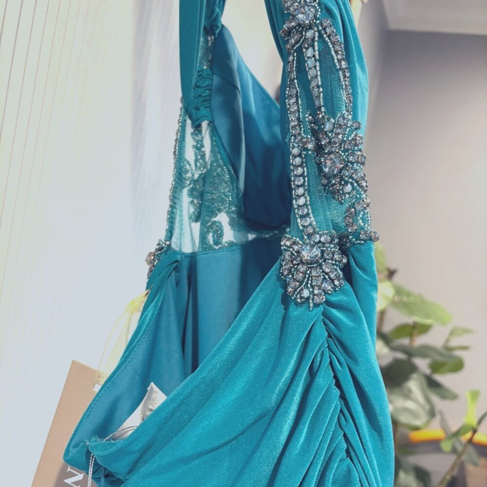 Mignon, S10 criss cross back, long beaded formal dress